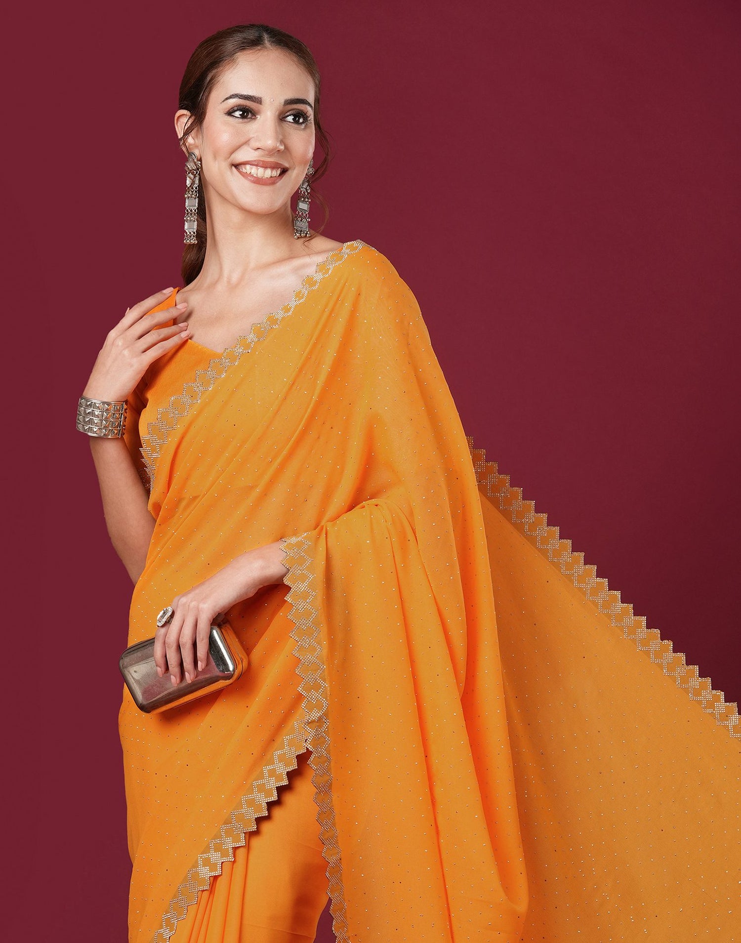 Yellow Georgette Stone Work Swarovski Saree