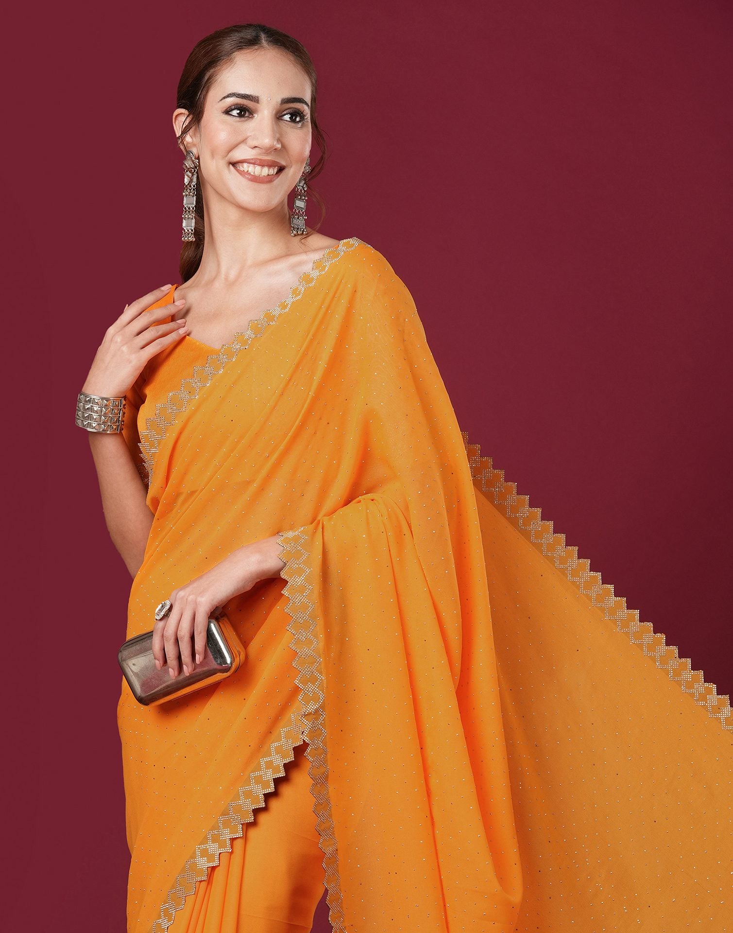 Yellow Georgette Stone Work Swarovski Saree