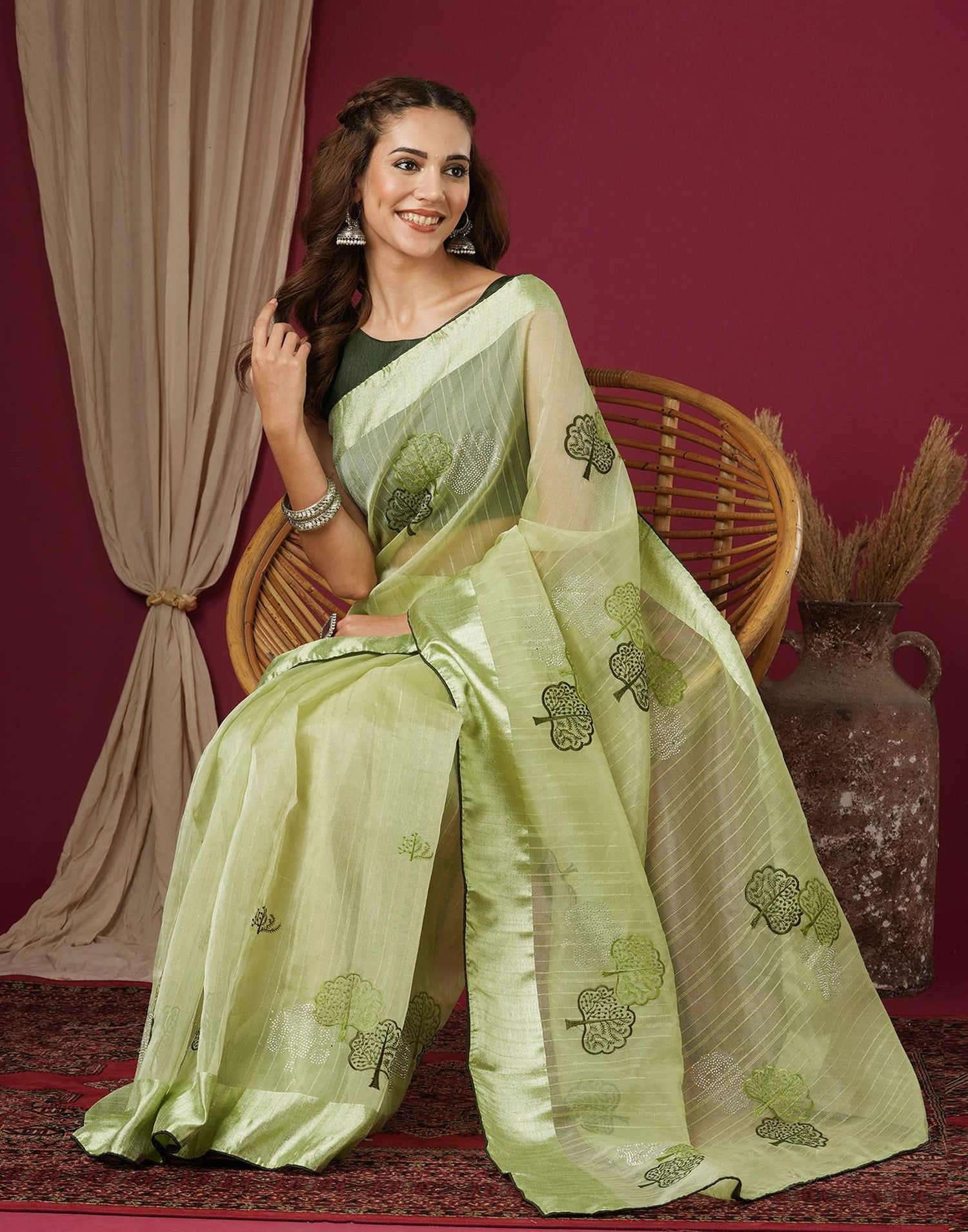 Pista Green Organza Embroidery Saree