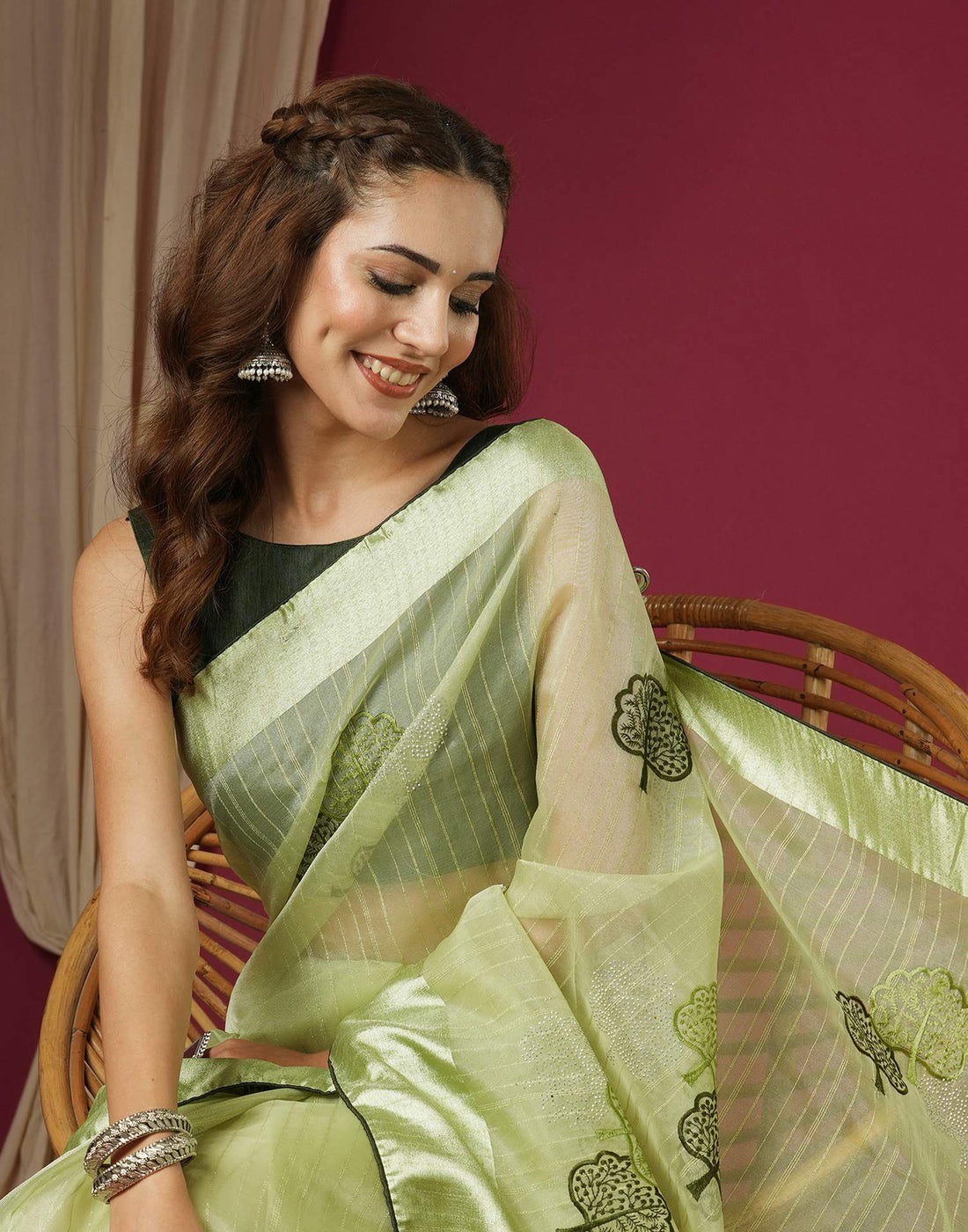 Pista Green Organza Embroidery Saree