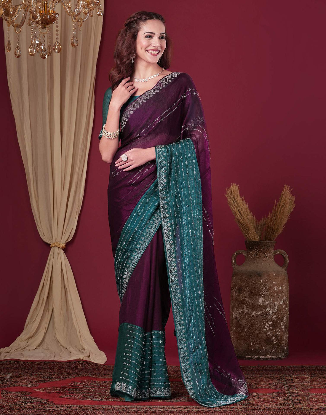 Dark Purple Shimmer Stone Work Swarovski Saree