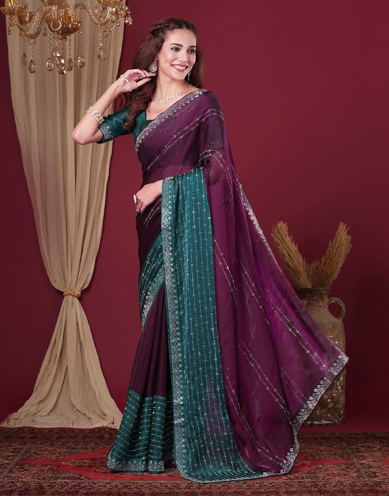 Dark Purple Shimmer Stone Work Swarovski Saree