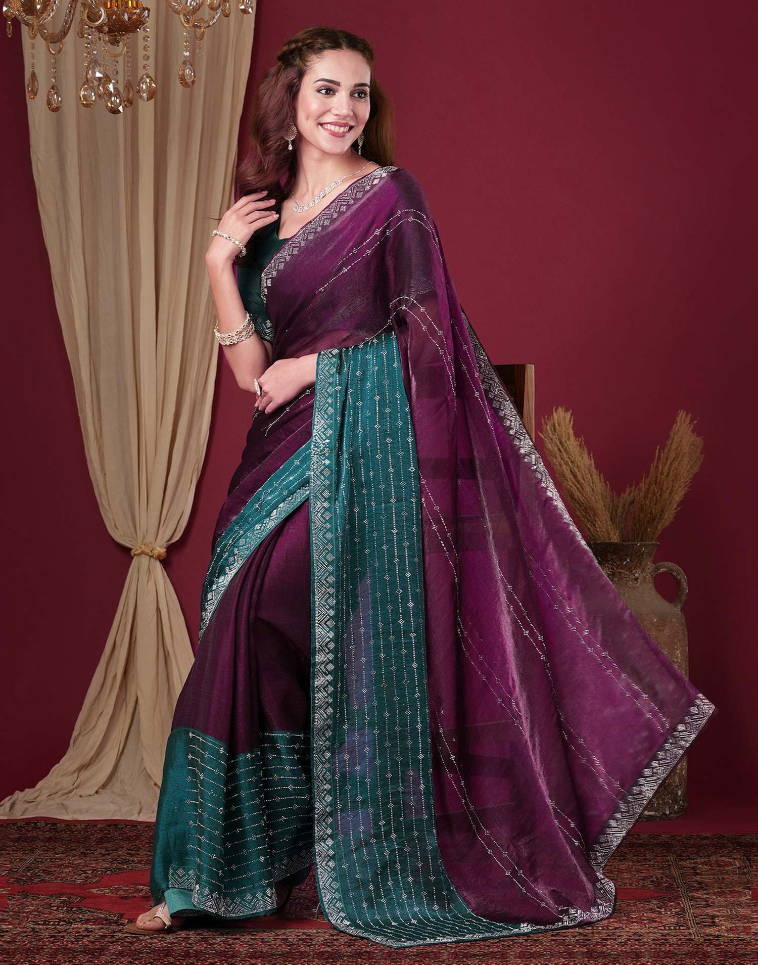 Dark Purple Shimmer Stone Work Swarovski Saree
