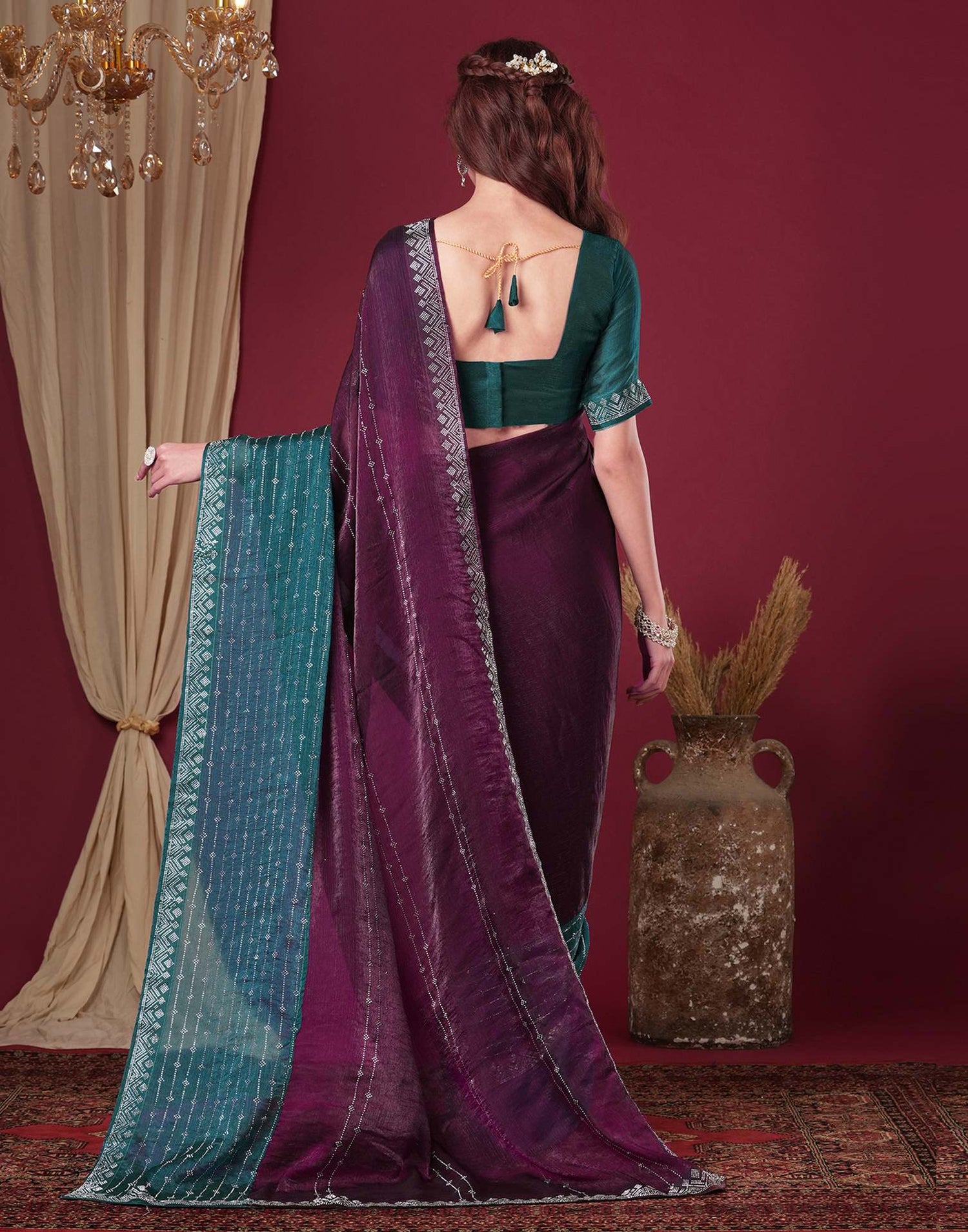 Dark Purple Shimmer Stone Work Swarovski Saree