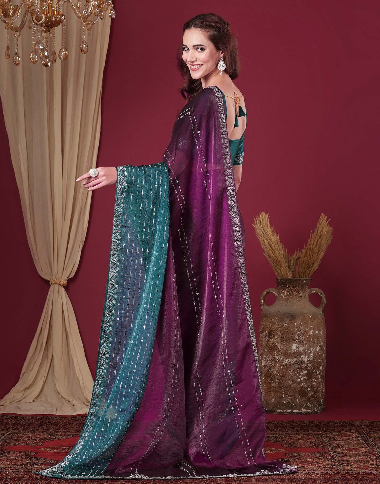 Dark Purple Shimmer Stone Work Swarovski Saree