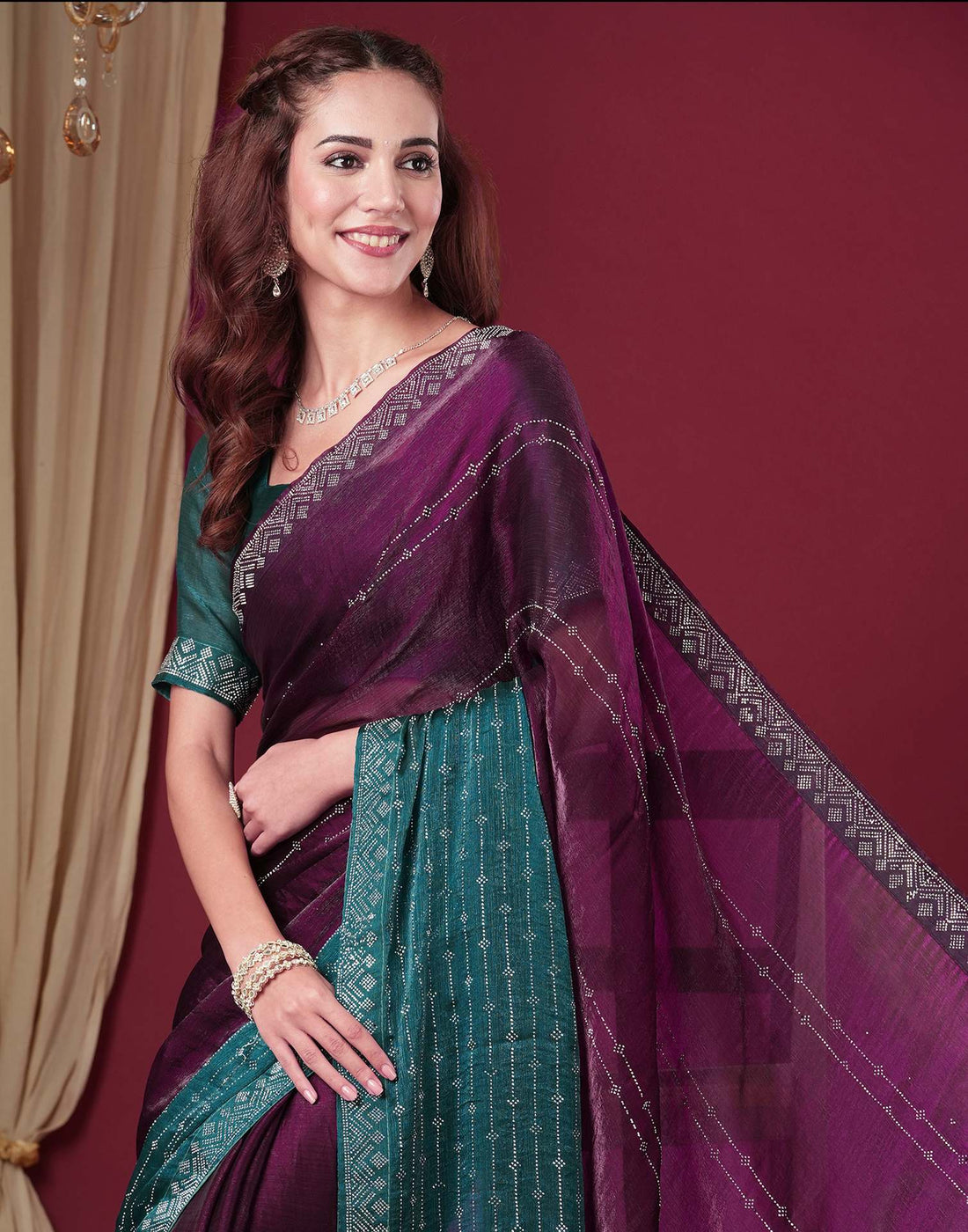 Dark Purple Shimmer Stone Work Swarovski Saree