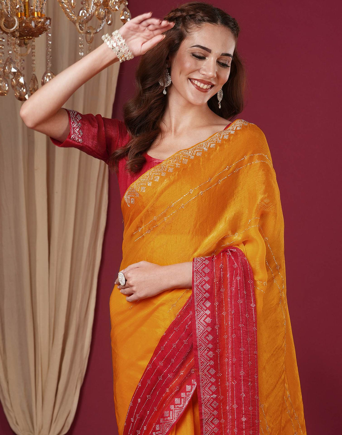 Yellow Shimmer Stone Work Swarovski Saree