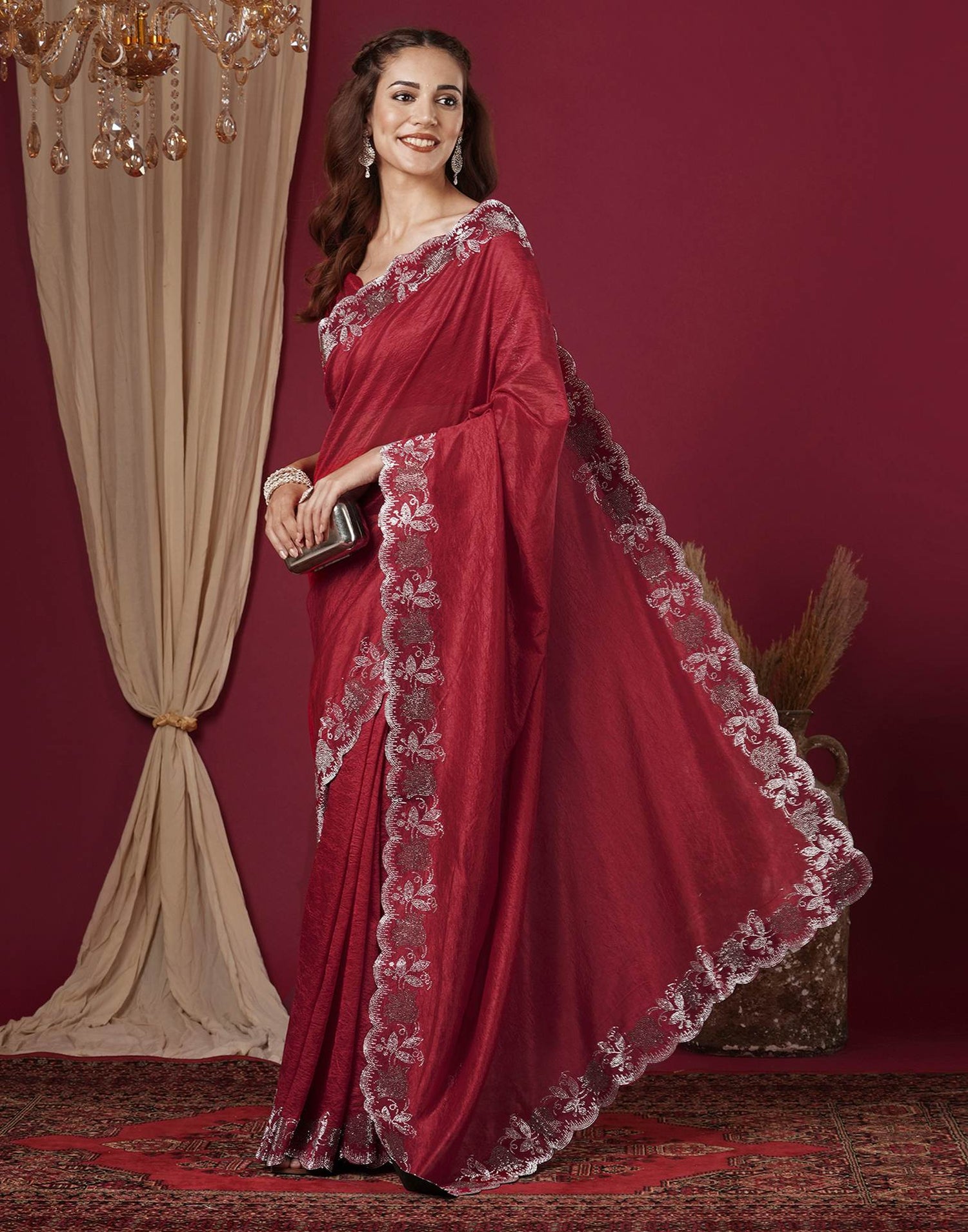 Dark Pink Chinnon Stone Work Swarovski Saree