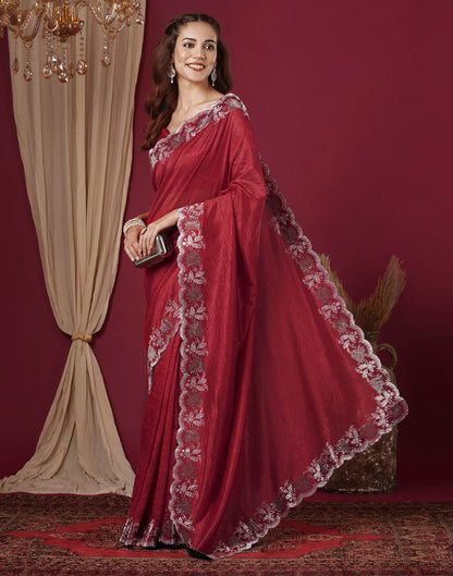 Dark Pink Chinnon Stone Work Swarovski Saree
