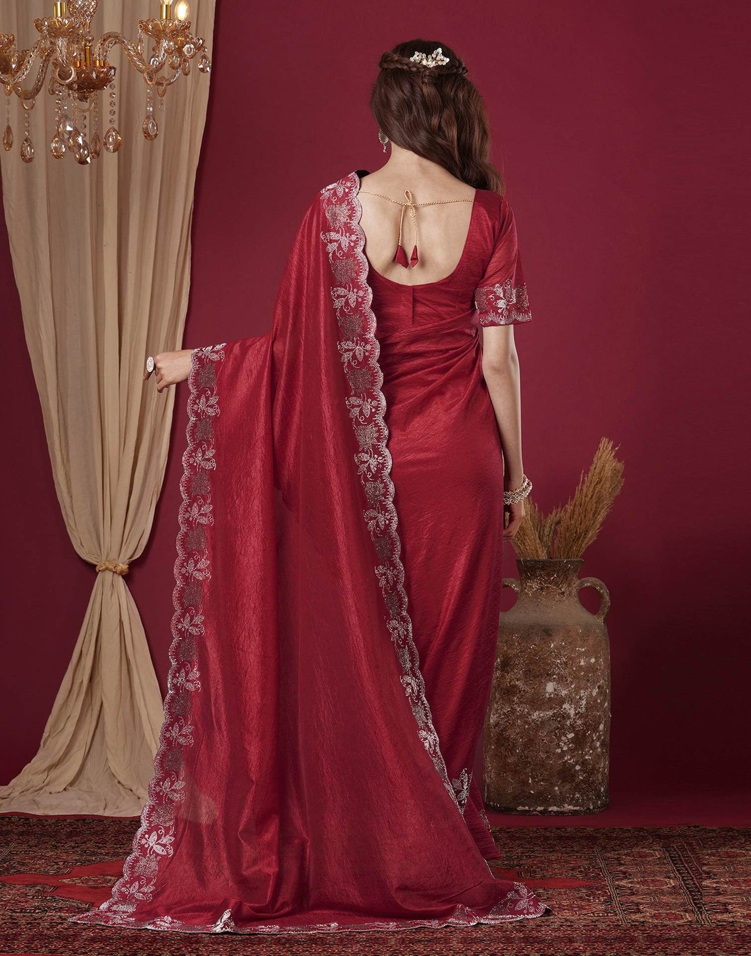Dark Pink Chinnon Stone Work Swarovski Saree