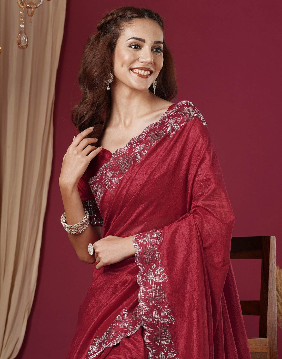 Dark Pink Chinnon Stone Work Swarovski Saree