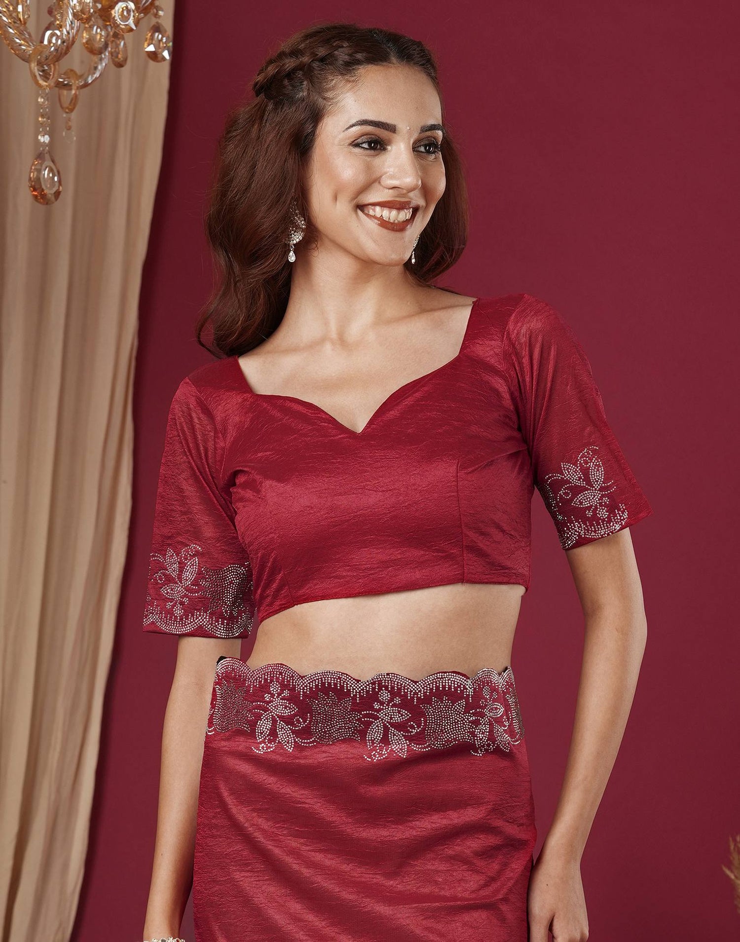 Dark Pink Chinnon Stone Work Swarovski Saree