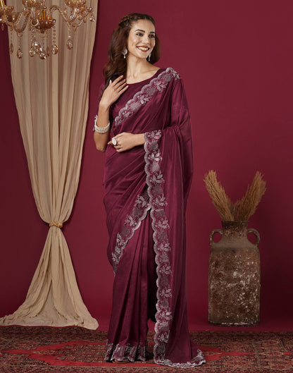 Wine Chinnon Stone Work Swarovski Saree