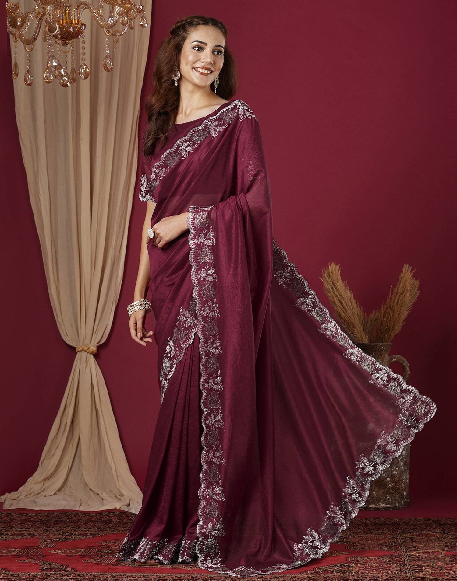 Wine Chinnon Stone Work Swarovski Saree