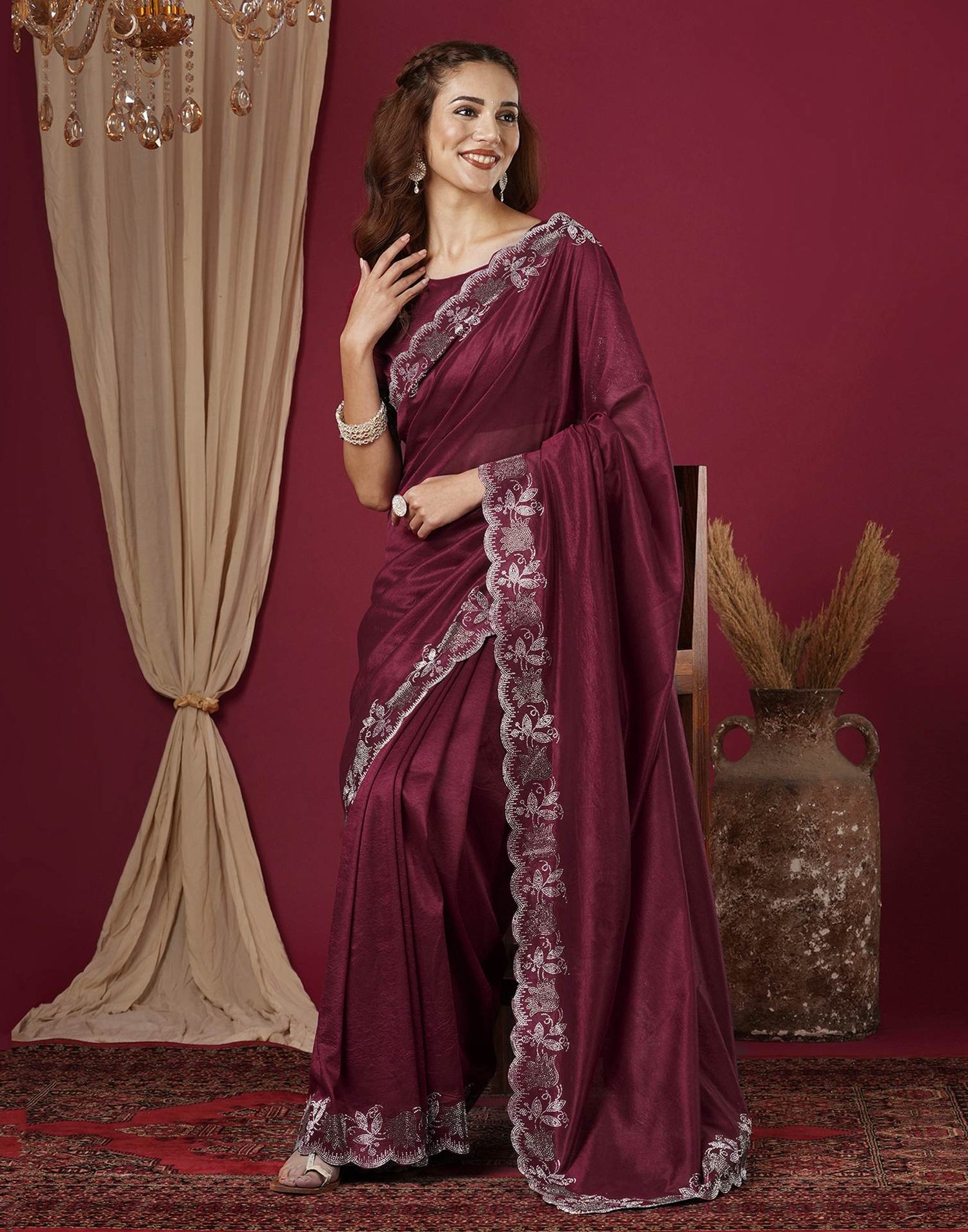 Wine Chinnon Stone Work Swarovski Saree