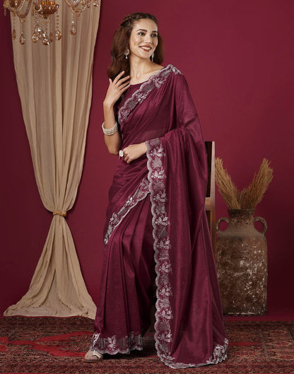 Wine Chinnon Stone Work Swarovski Saree