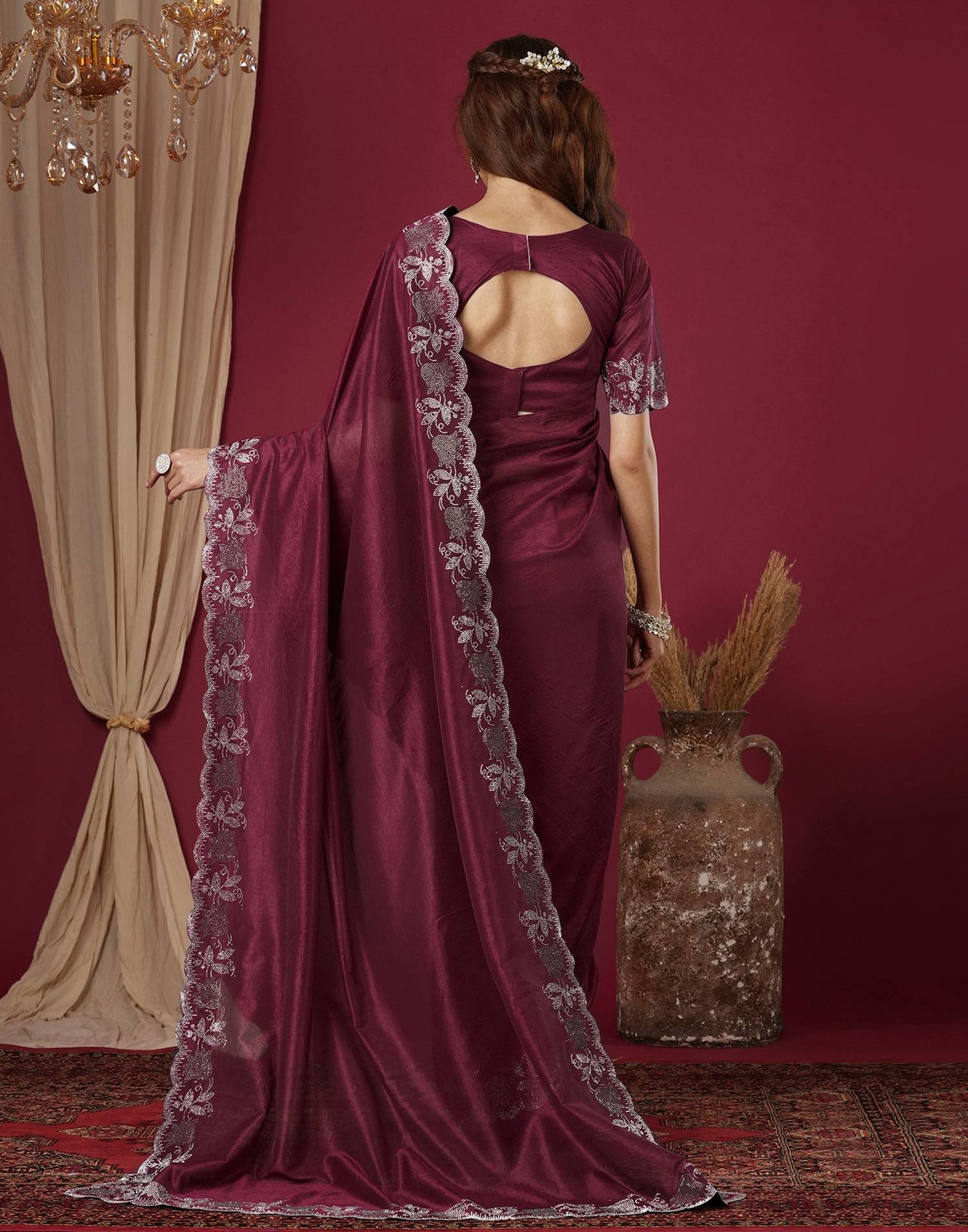Wine Chinnon Stone Work Swarovski Saree