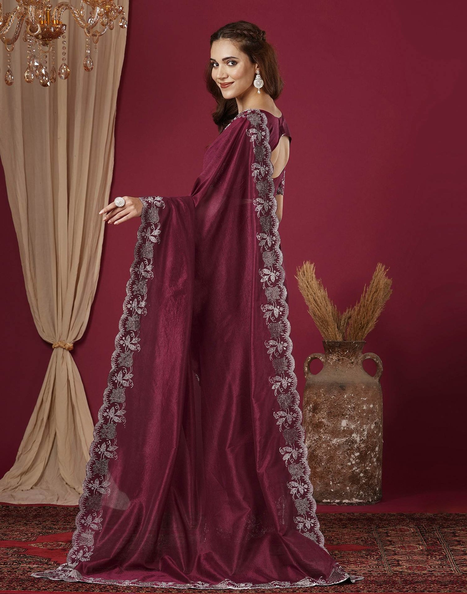 Wine Chinnon Stone Work Swarovski Saree