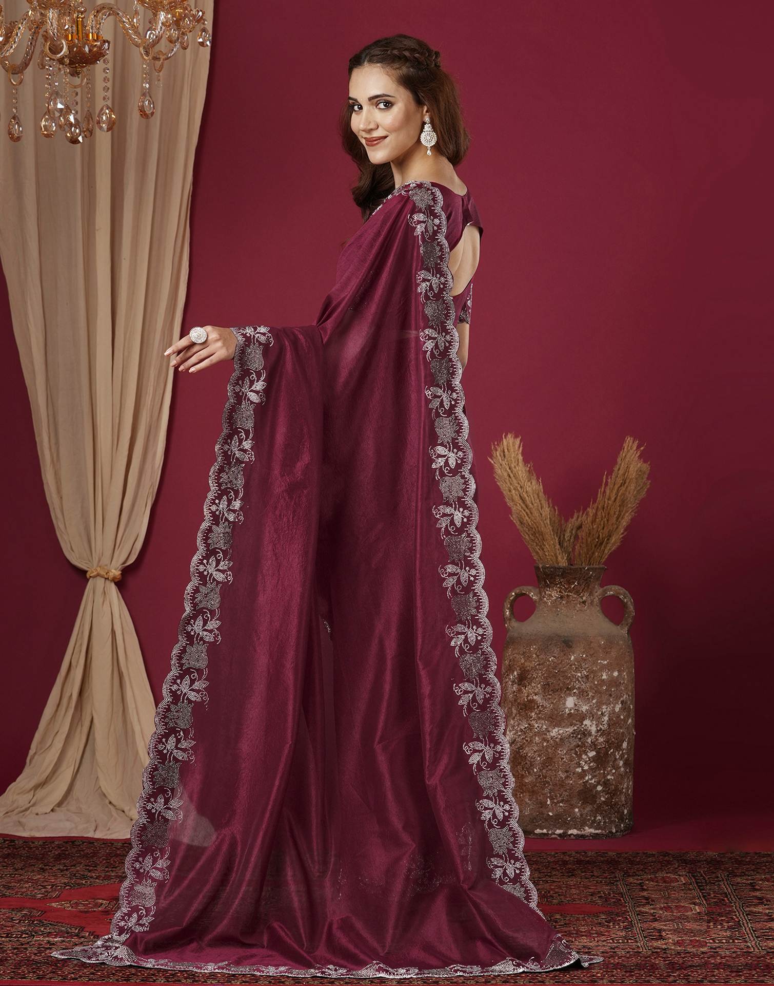 Wine Chinnon Stone Work Swarovski Saree