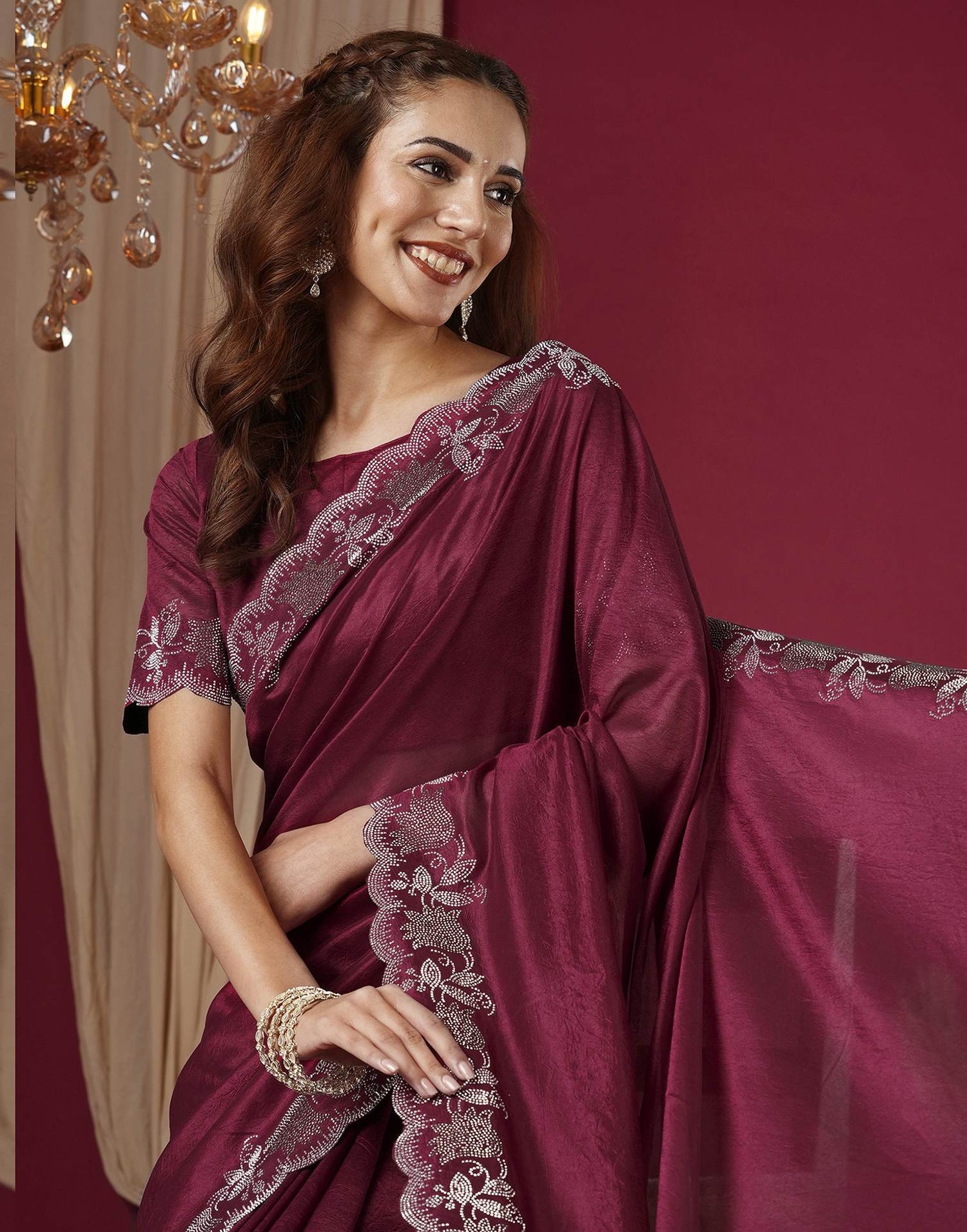 Wine Chinnon Stone Work Swarovski Saree