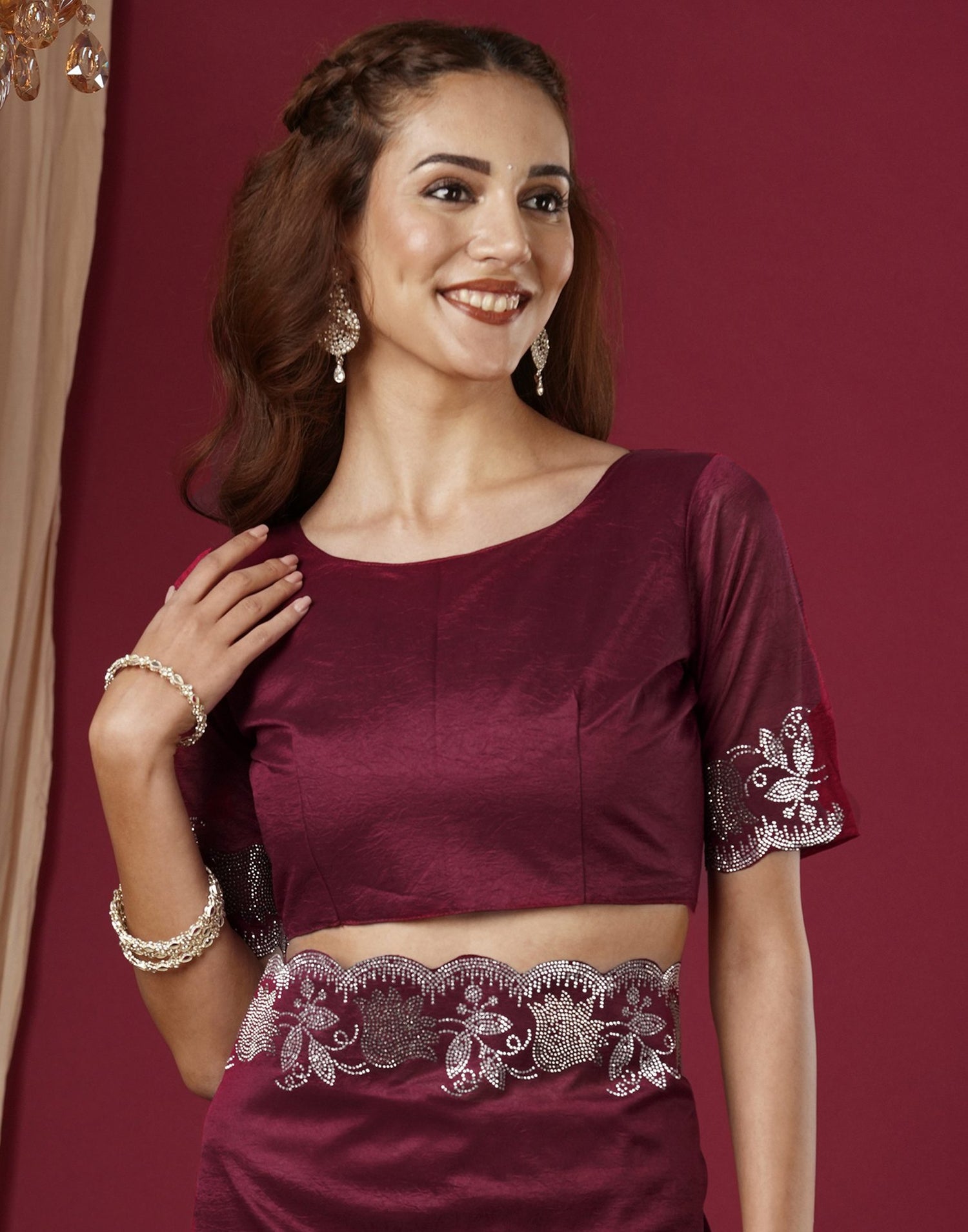 Wine Chinnon Stone Work Swarovski Saree