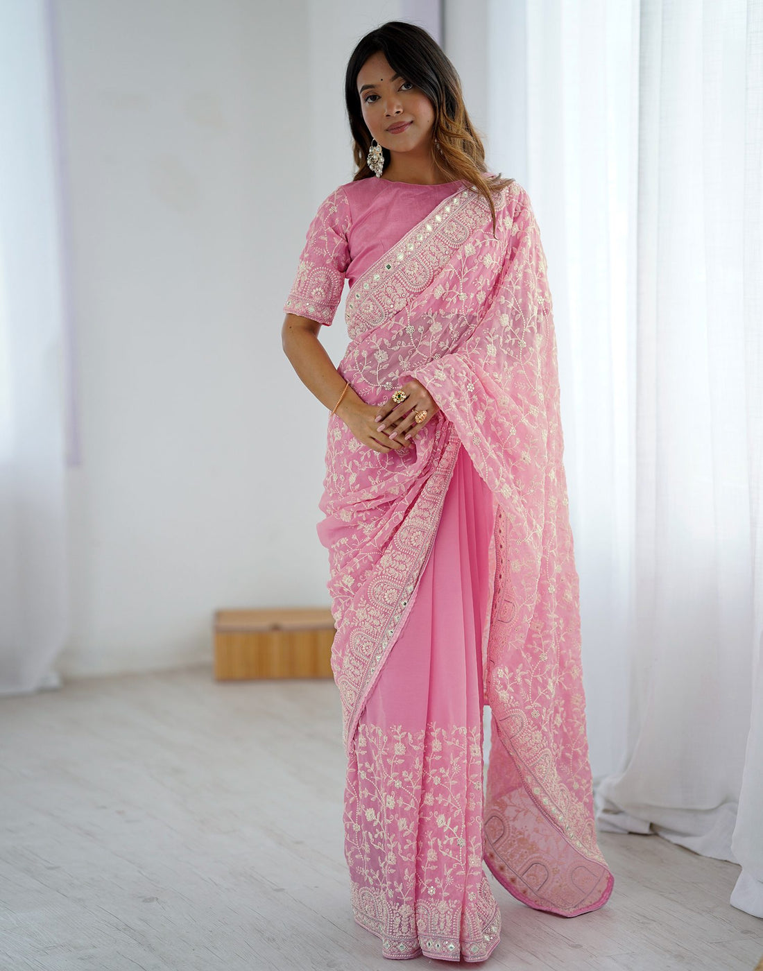 Pink Georgette Embroidery Saree