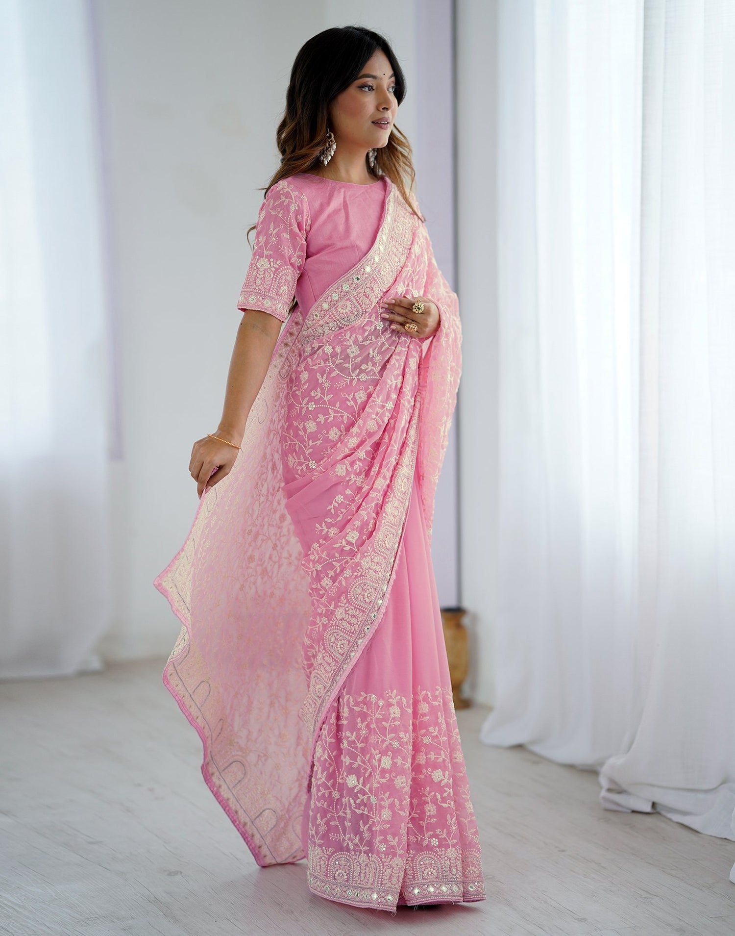Pink Georgette Embroidery Saree