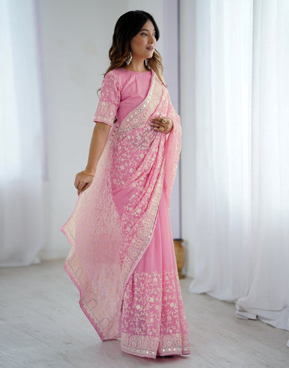 Pink Georgette Embroidery Saree