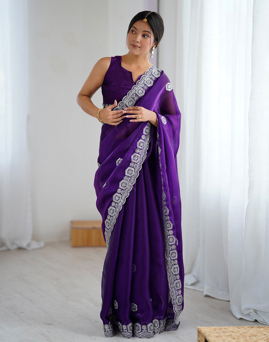 Dark Purple Tissue Silk Embroidery Saree