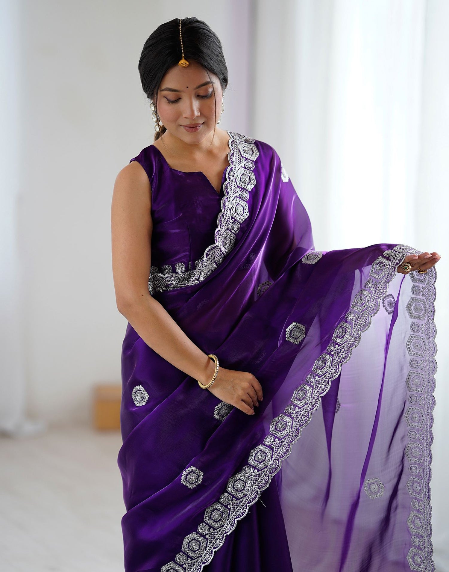 Dark Purple Tissue Silk Embroidery Saree