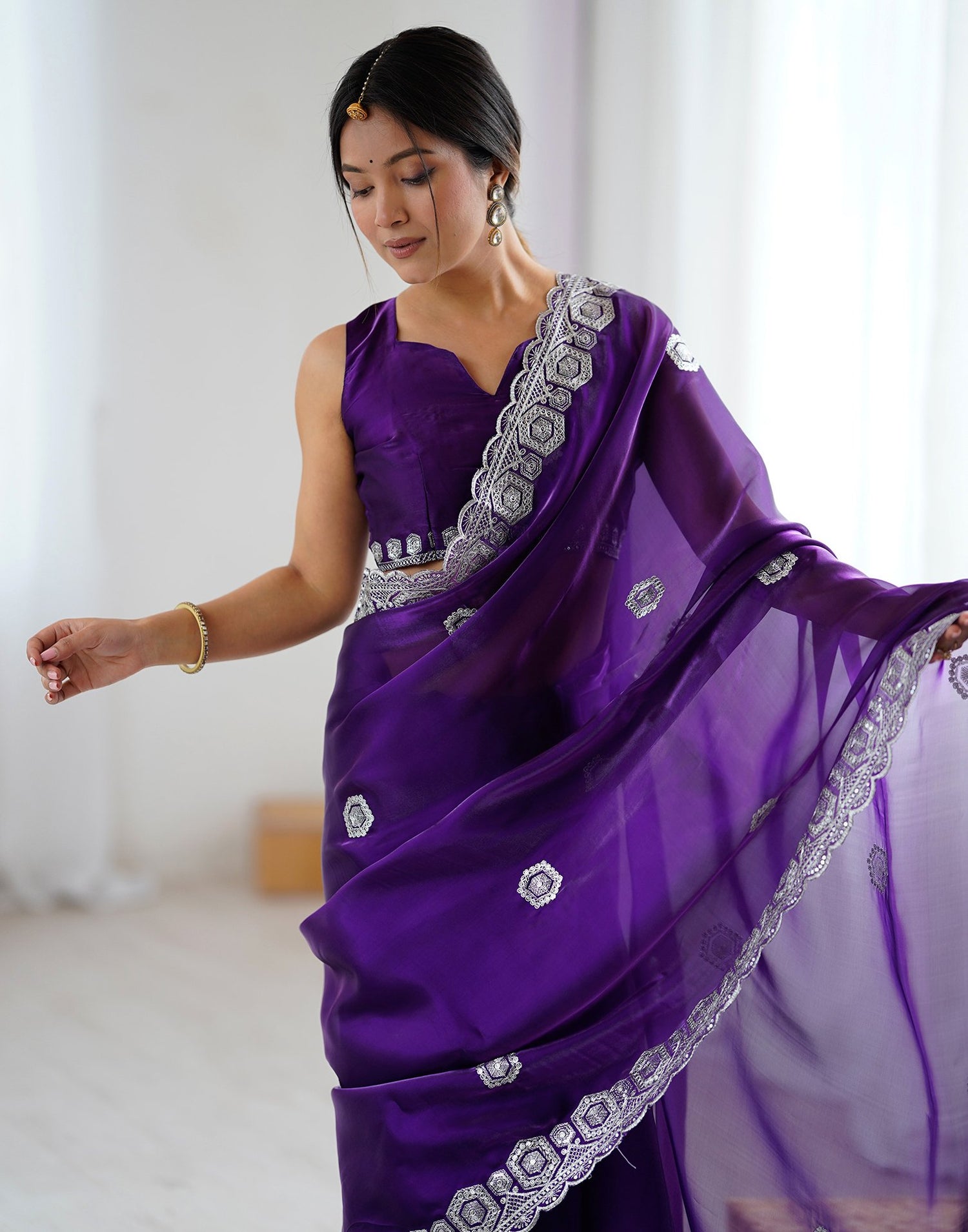 Dark Purple Tissue Silk Embroidery Saree