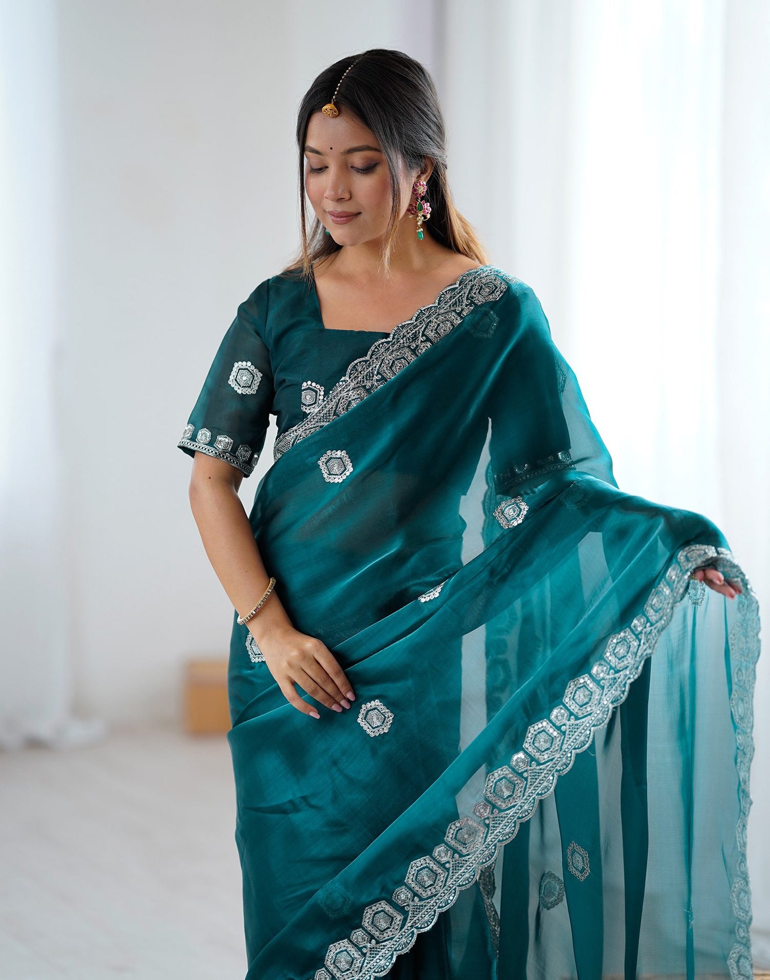 Rama Green Tissue Silk Embroidery Saree