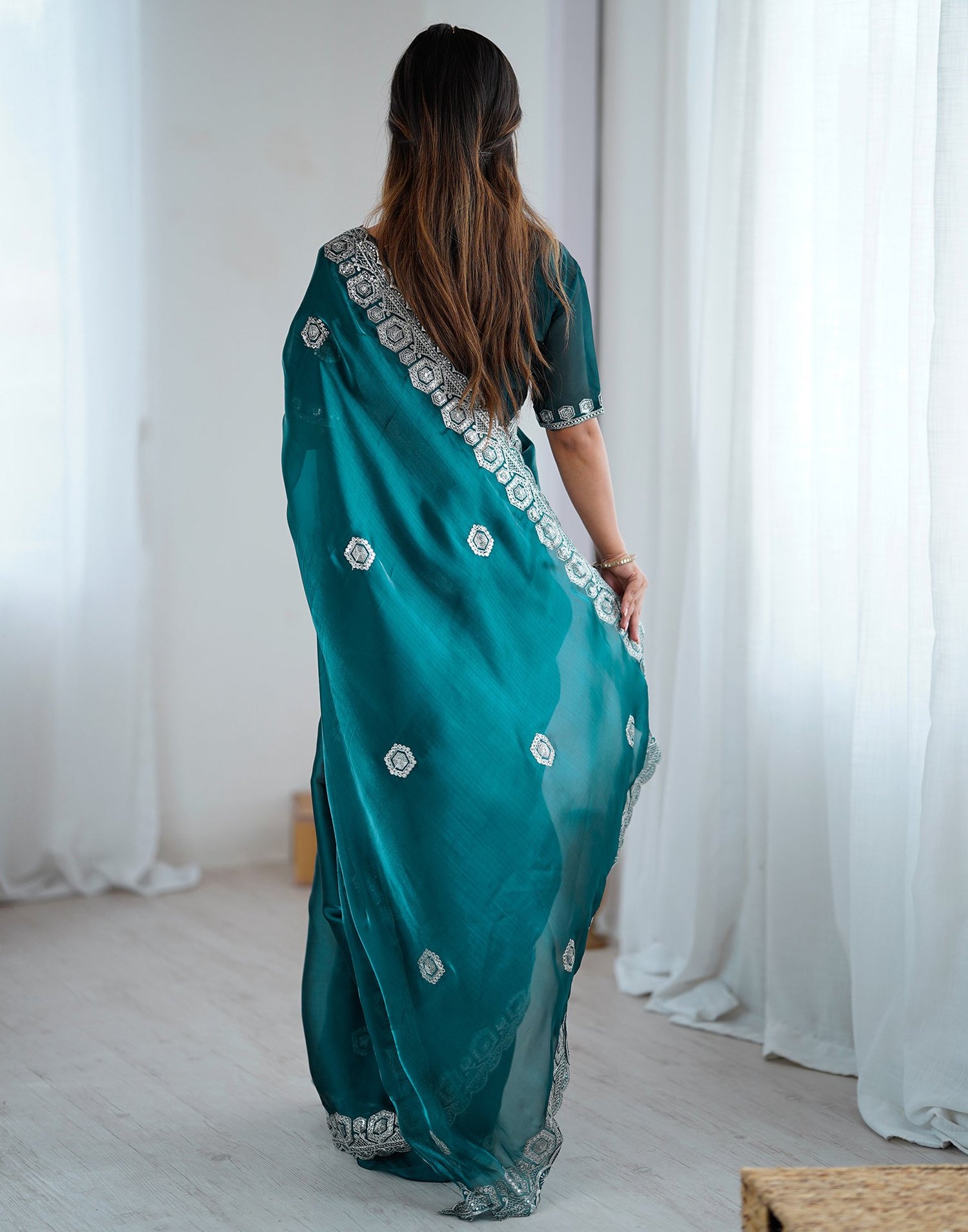Rama Green Tissue Silk Embroidery Saree