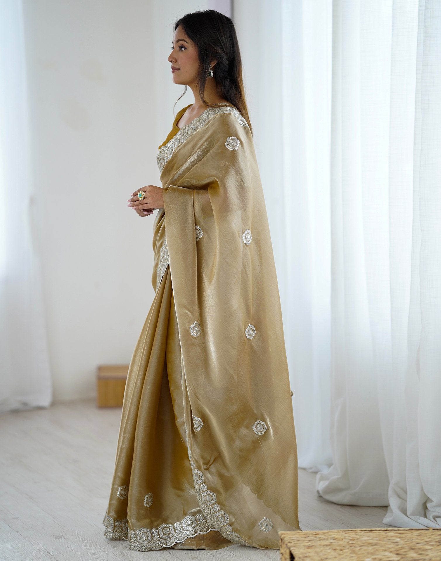 Dark Beige Tissue Silk Embroidery Saree