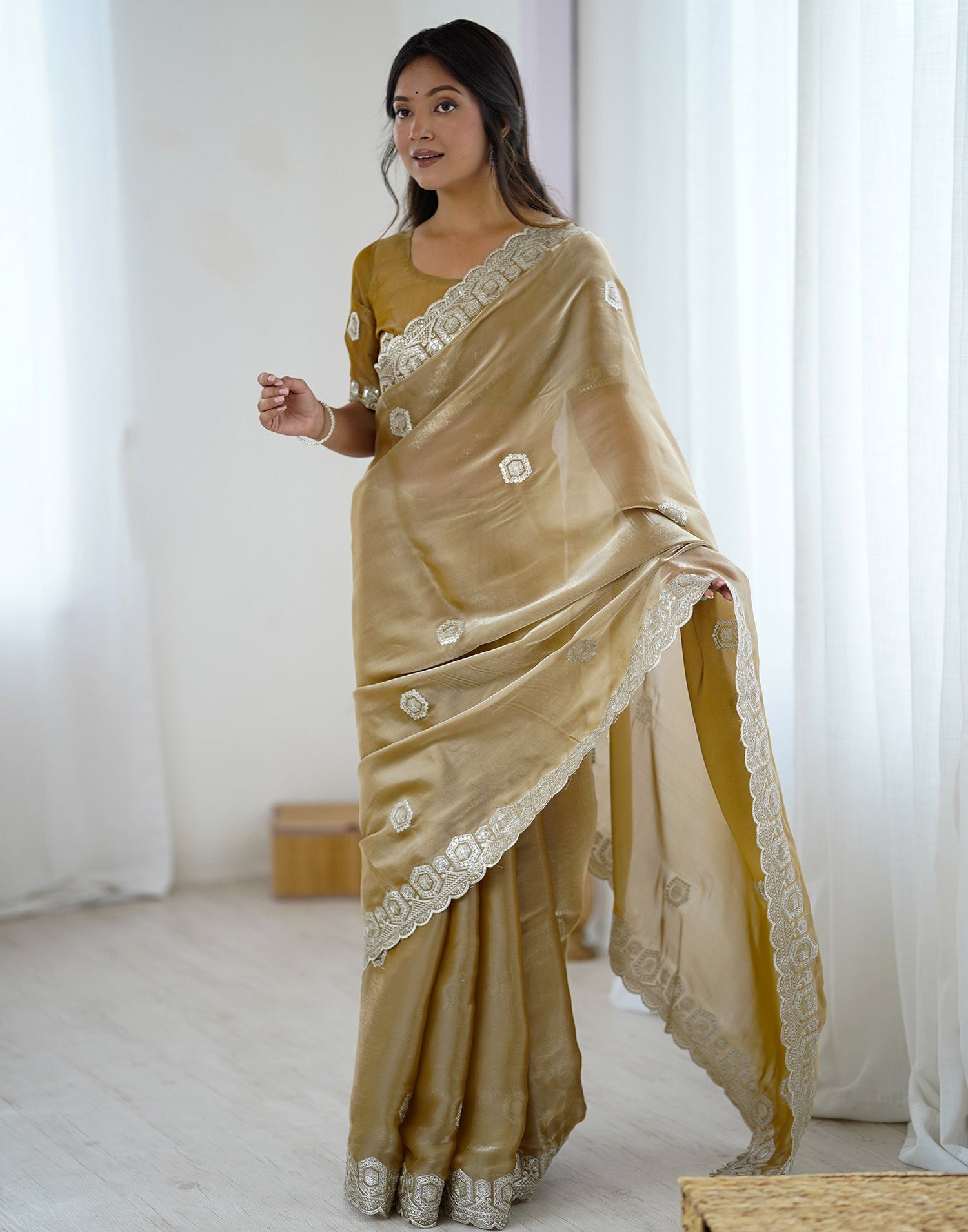 Dark Beige Tissue Silk Embroidery Saree