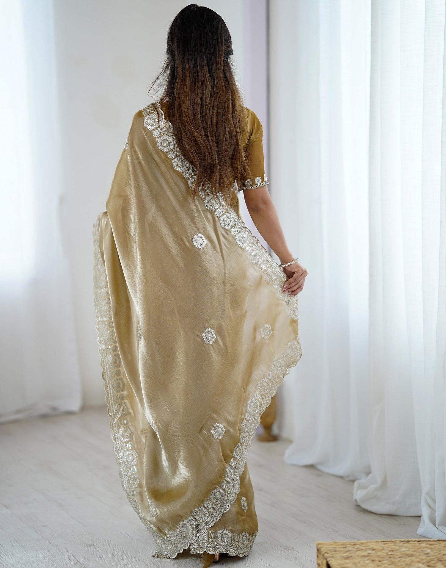 Dark Beige Tissue Silk Embroidery Saree
