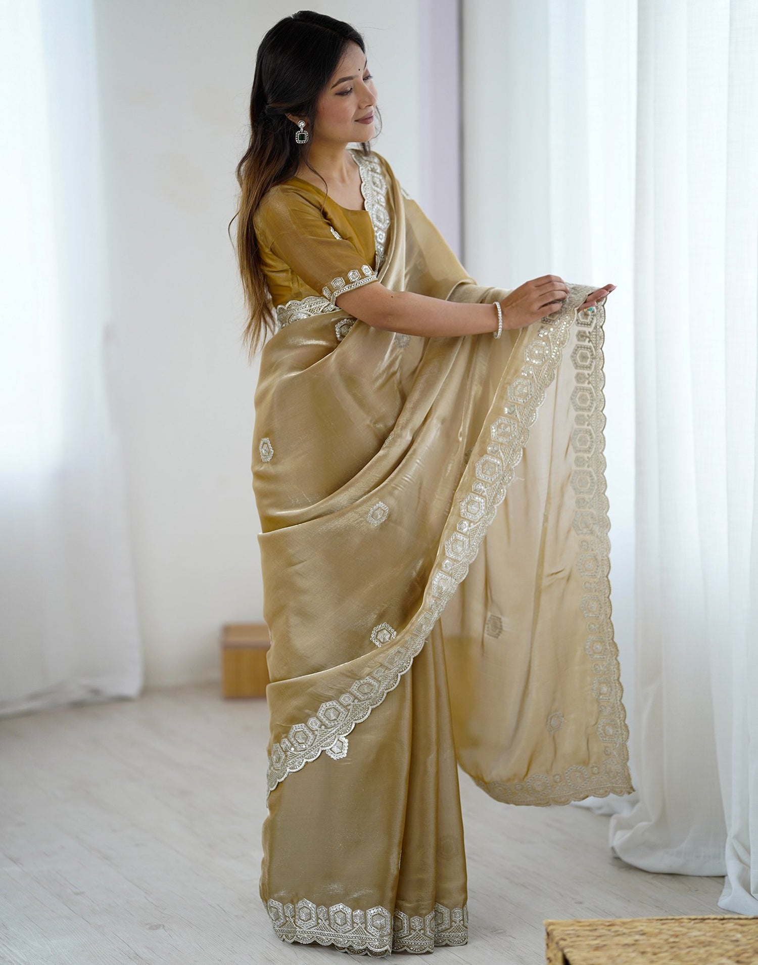 Dark Beige Tissue Silk Embroidery Saree