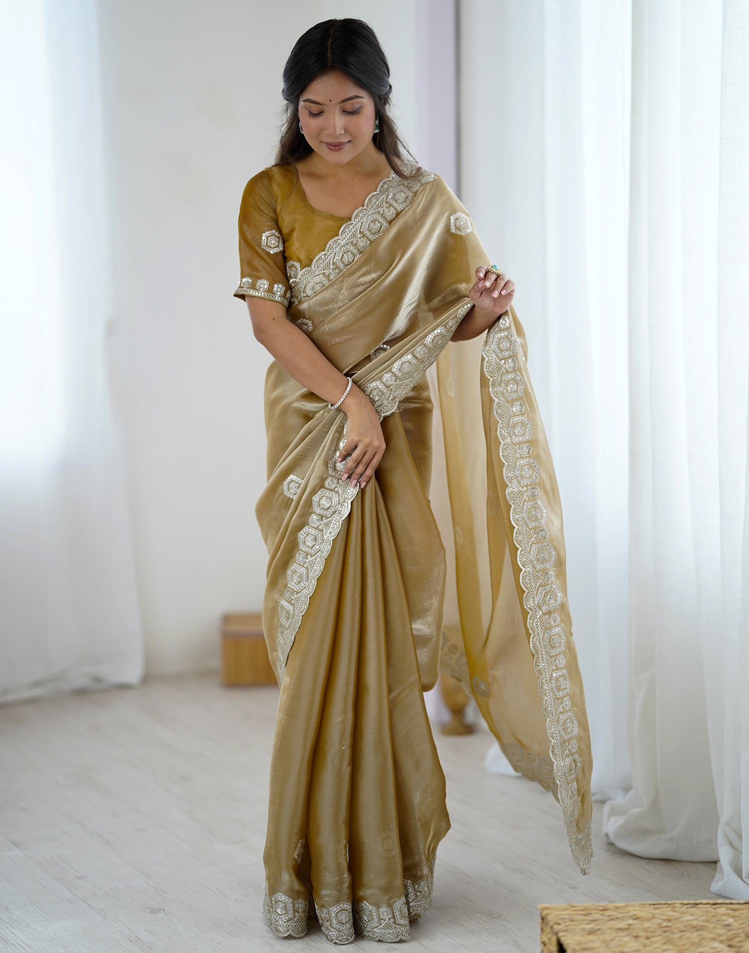 Dark Beige Tissue Silk Embroidery Saree