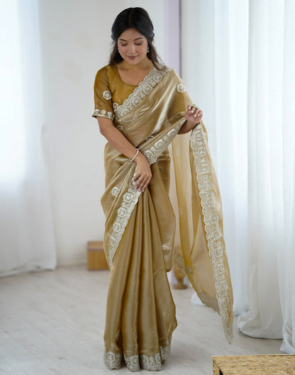 Dark Beige Tissue Silk Embroidery Saree
