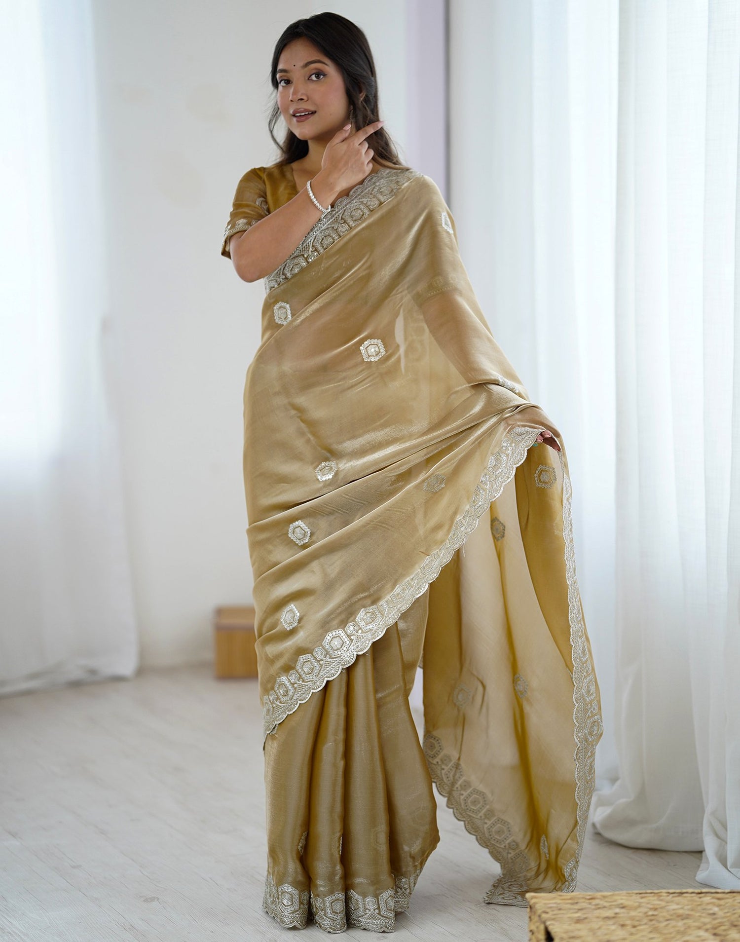 Dark Beige Tissue Silk Embroidery Saree