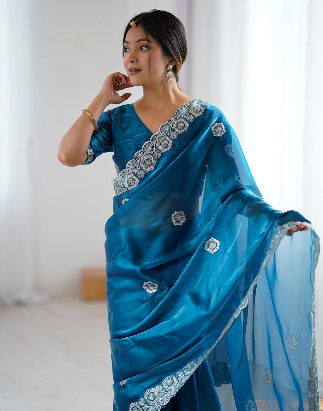 Peacock Blue Tissue Silk Embroidery Saree