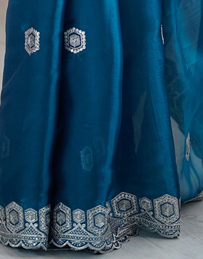 Peacock Blue Tissue Silk Embroidery Saree