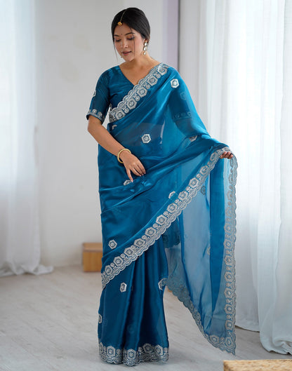Peacock Blue Tissue Silk Embroidery Saree
