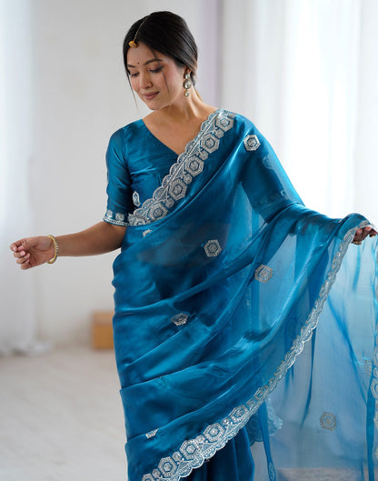 Peacock Blue Tissue Silk Embroidery Saree