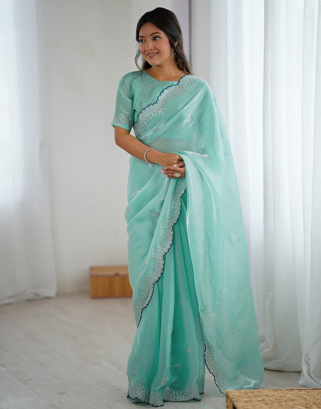 Sky Blue Tissue Silk Embroidery Saree