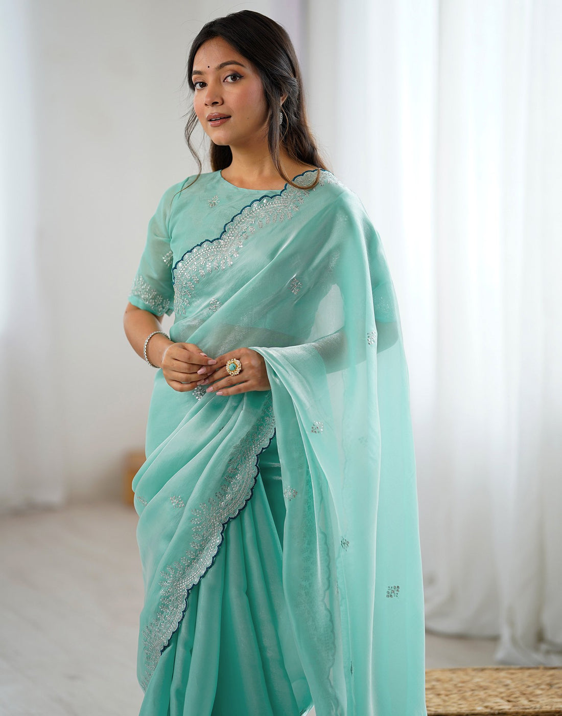 Sky Blue Tissue Silk Embroidery Saree