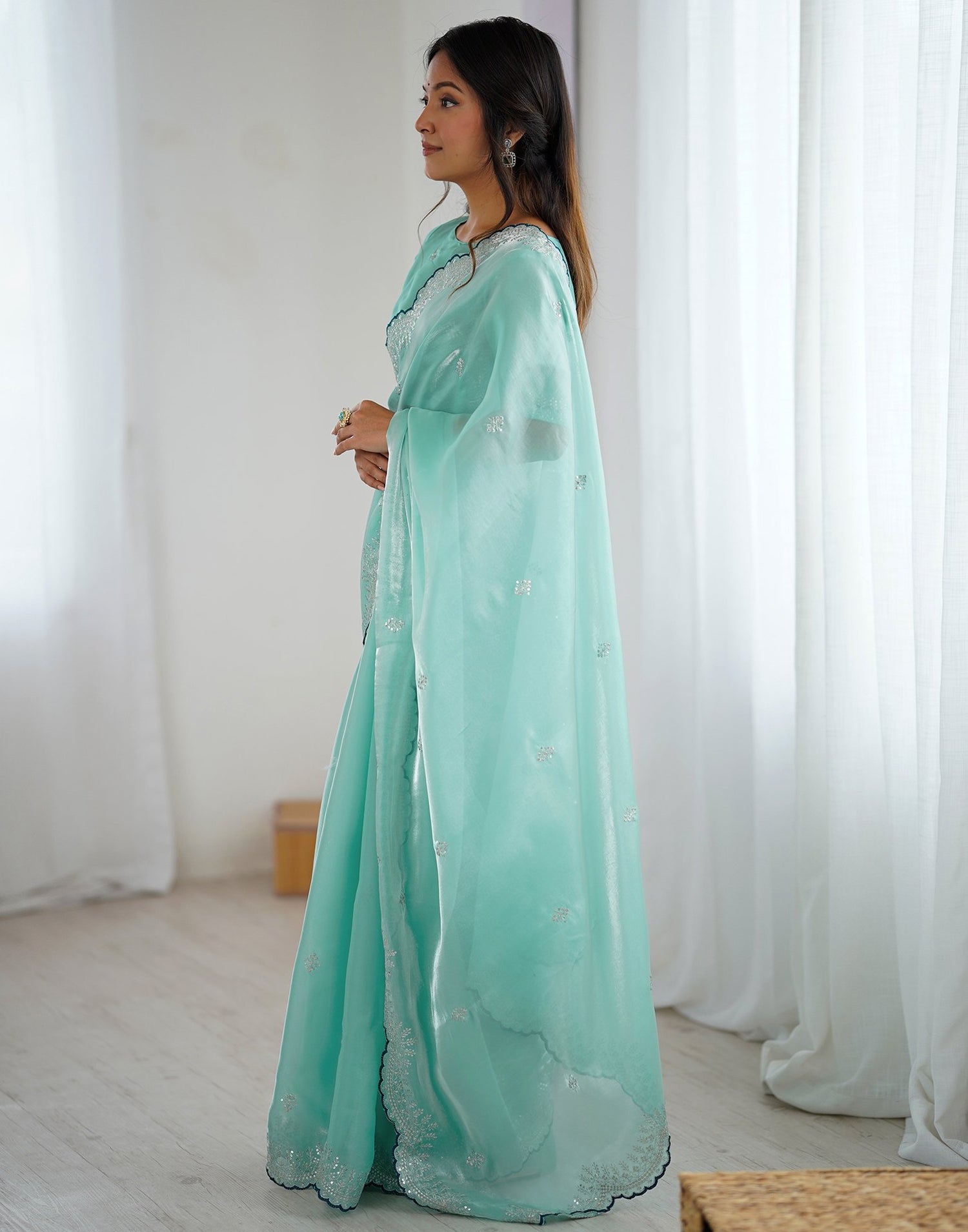 Sky Blue Tissue Silk Embroidery Saree