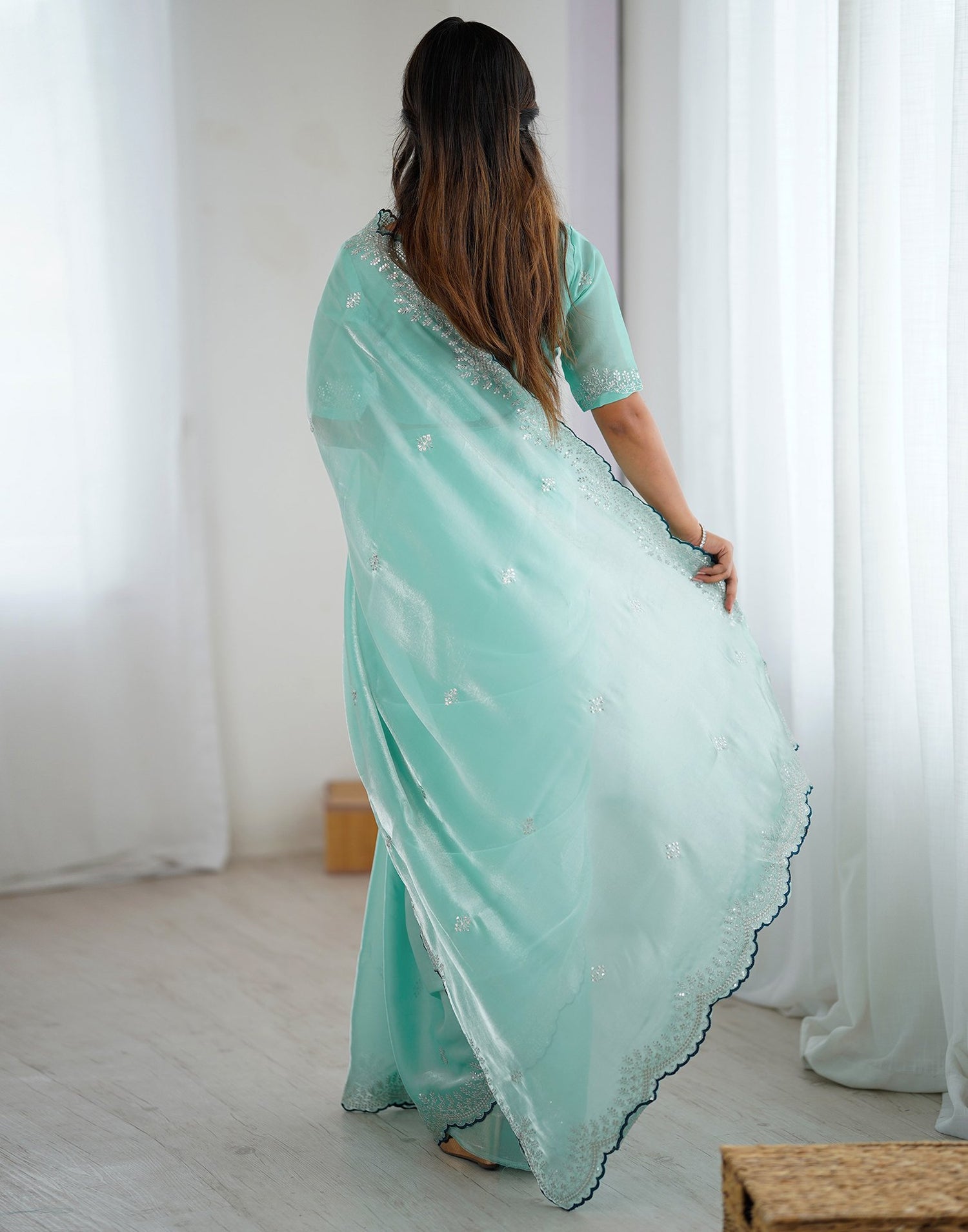 Sky Blue Tissue Silk Embroidery Saree