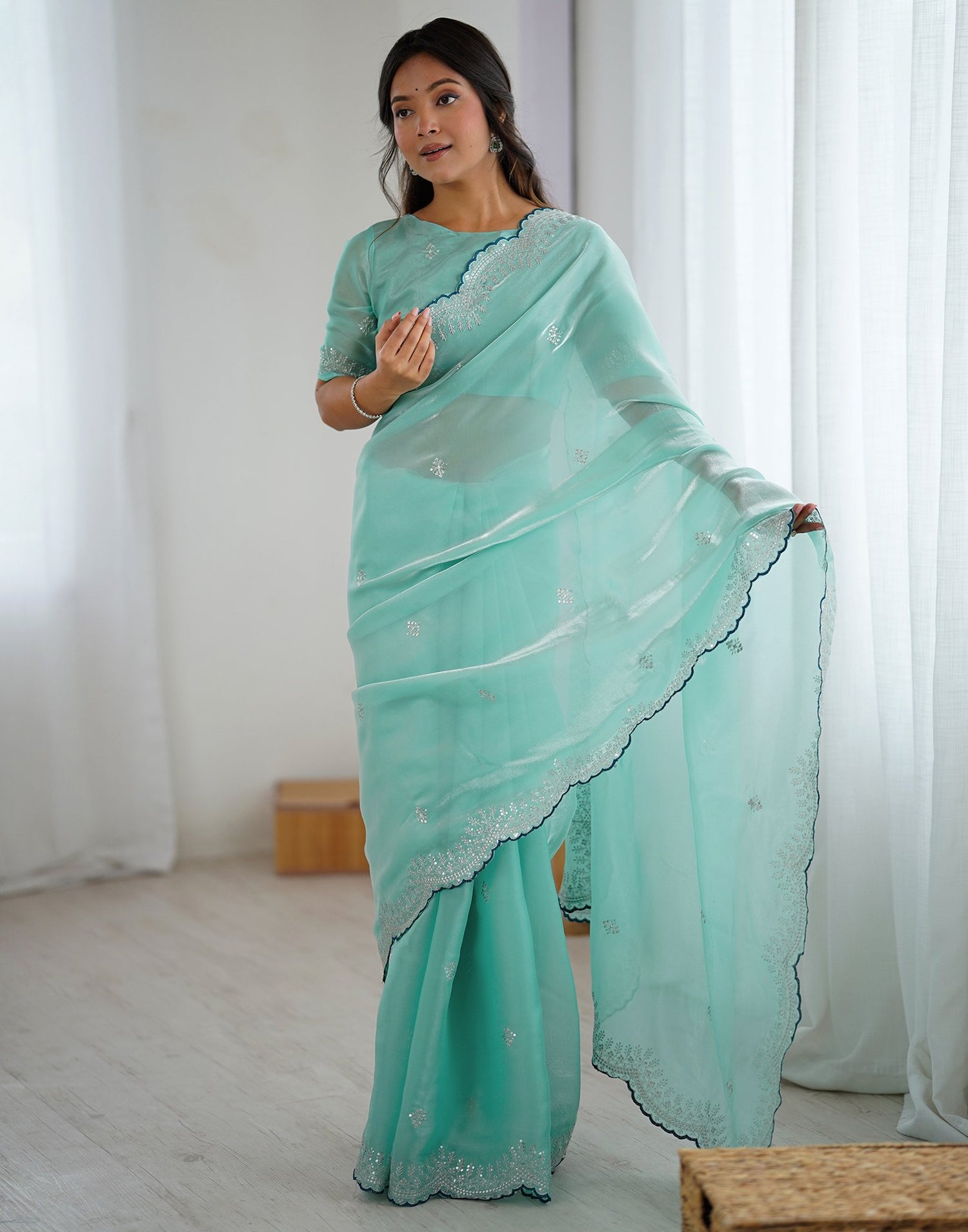 Sky Blue Tissue Silk Embroidery Saree