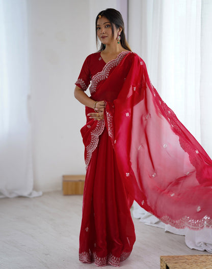 Red Tissue Silk Embroidery Saree